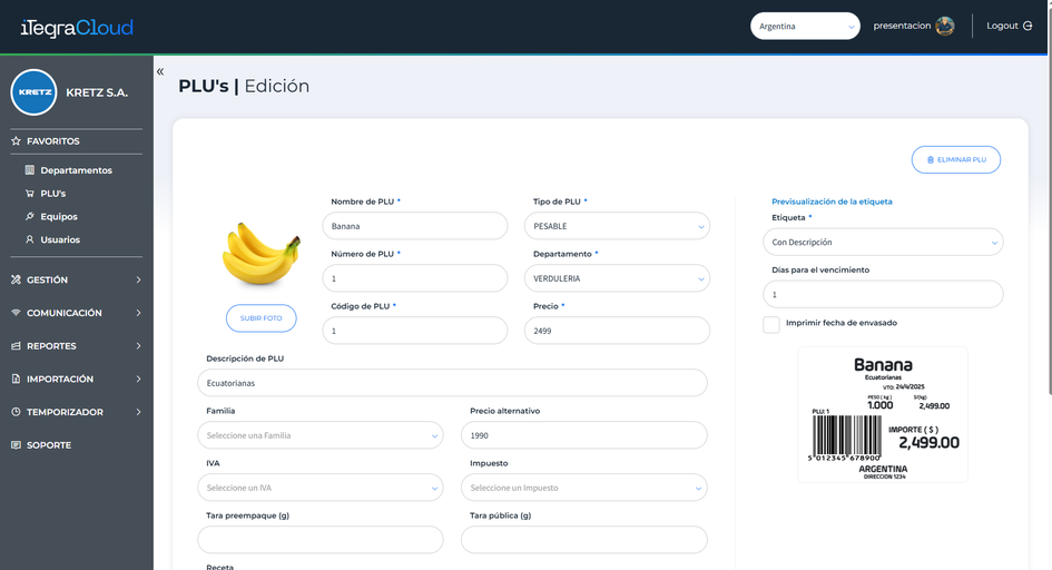 Edición de PLU iTegra Cloud
